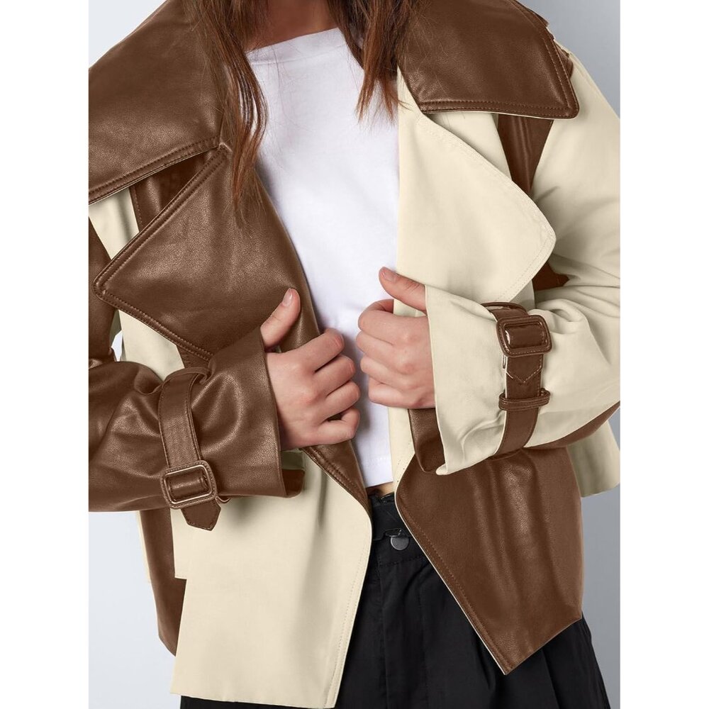 Womens Faux Leather Bomber Jacket with Bow Brown Stylish Fall Outerwear Coat - Picture 2 of 6